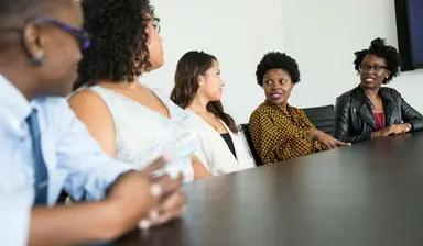 Colleagues talking around a meeting table